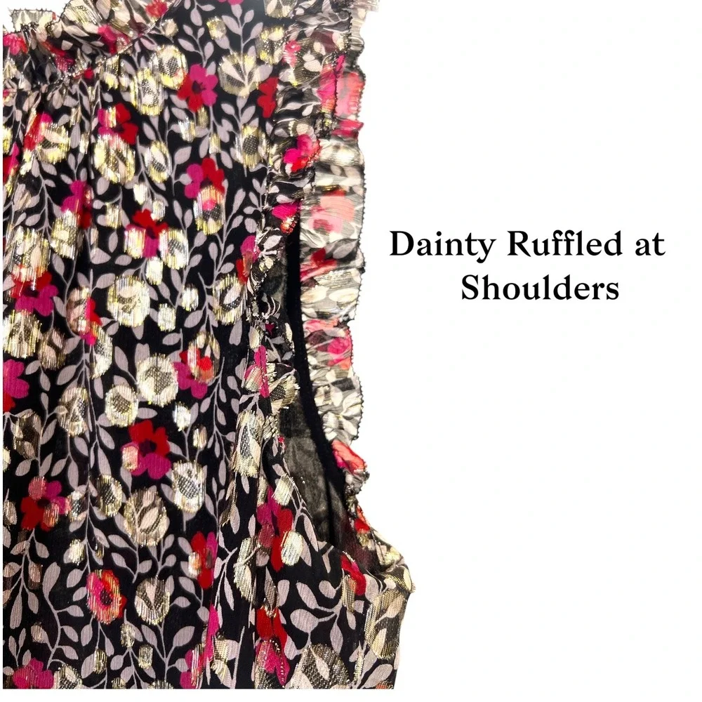 Kate Spade Metallic Floral Lurex Ruffle Blouse M Romantic Coquette Luxe Tunic